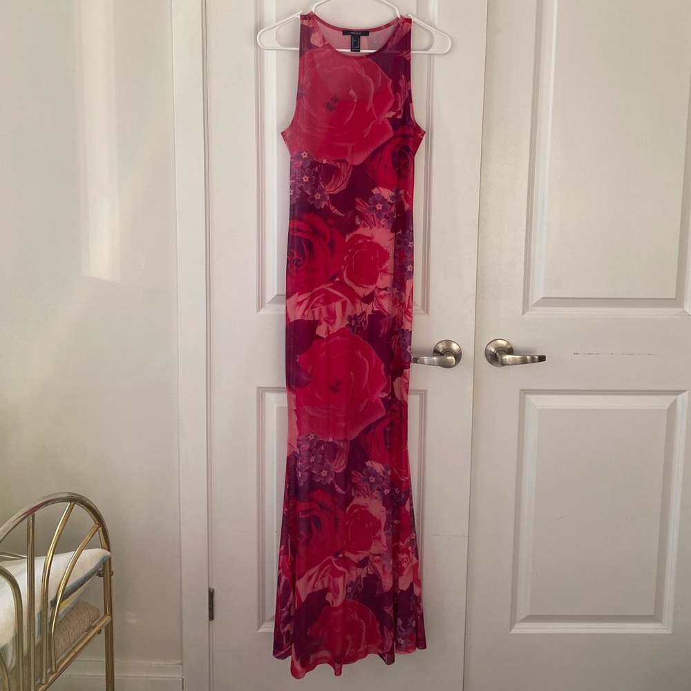 Pink Floral Maxi Dress (M) | sheer, purple, sleeveless, mermaid, flared, barbie